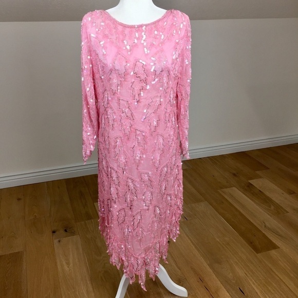 Vintage Dresses & Skirts - Vintage 80’s Silk Sequin Midi Shift Dress Long Sleeve Cocktail Dress